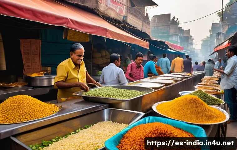 델리의 길거리 음식 맛집 리스트 - A vibrant street food scene in Chandni Chowk, Delhi, showcasing a bustling chaat vendor stall with c...