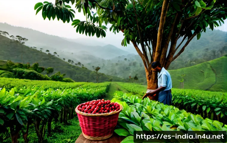 Home 12 인도의 커피 농장과 차 문화 - Photorealistic morning scene on a lush coffee plantation in the Western Ghats of India, ripe red cof...