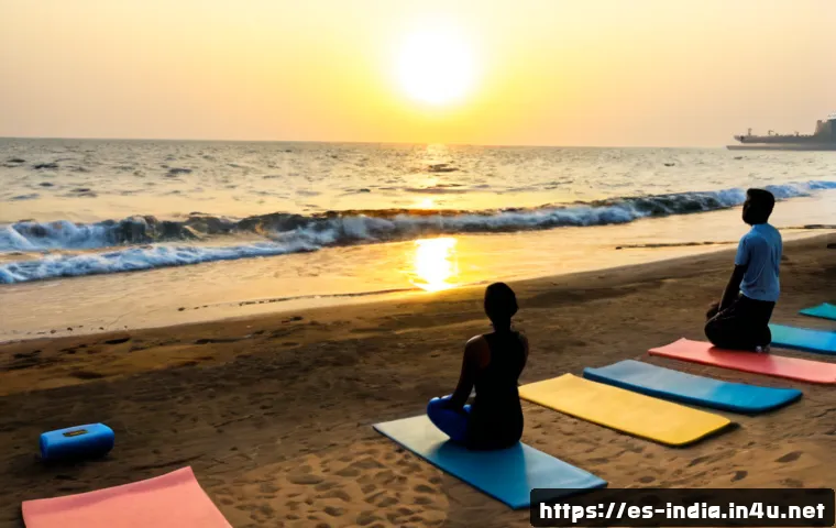 Home 15 뭄바이 해변에서 할 수 있는 것들 - Photorealistic wide-angle morning scene on a Mumbai beach, diverse Indian adults practicing gentle y...
